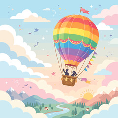 Obraz premium Colorful hot air balloon flying over a scenic landscape with mountains