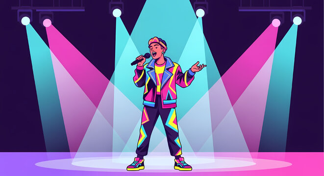 Young male singer performing on stage with colorful lights