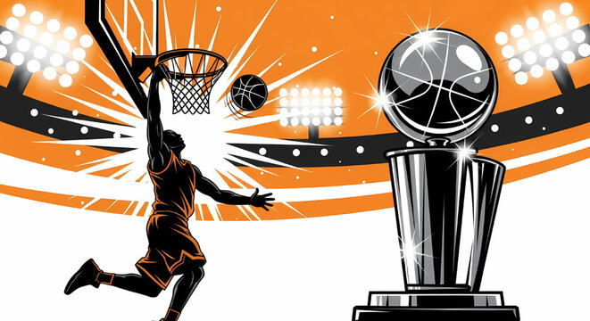 Dynamic Basketball Sport Event Illustration with Player Dunking and Championship Trophy