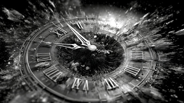 Clock face with hands spinning wildly and breaking, symbolizing digital noise and distortion, creates sense of chaos and time disruption in monochrome setting