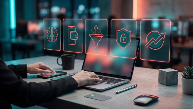 Powering Mobile Payments Lead Filtering and Protecting Investments with AI Fintech Laptop Concept Dark Teal Red Glass Cards Icons Brain Wallet Funnel Shield Lock Growth Chart