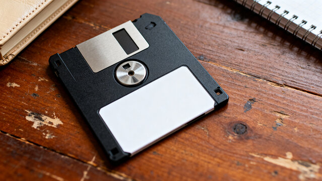 A close-up photo of a black floppy disk on a wooden desk next to a notebook.