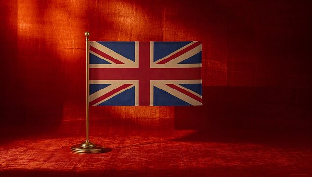 Generative AI depicts a Union Jack flag mounted on a stand against a rich red backdrop
