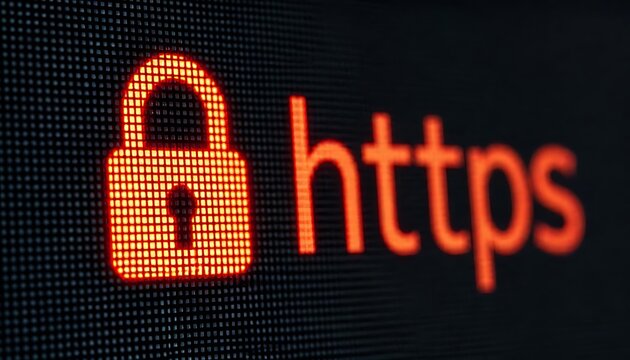 Glowing Padlock and HTTPS Protocol on Computer Screen