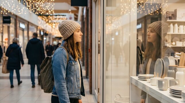 Woman window shopping in a mall during the holiday season.