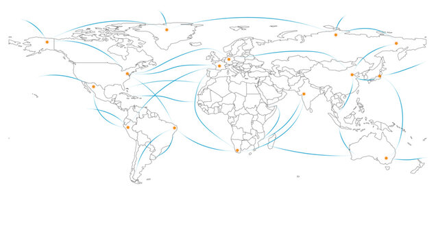 Global digital network connection on world map background, abstract technology connectivity with orange glowing nodes and blue data lines, communication and internet infrastructure concept.