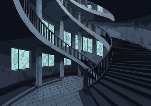 Abandoned Mansion Interior with Grand Spiral Staircase, Spooky Haunted House Background Illustration