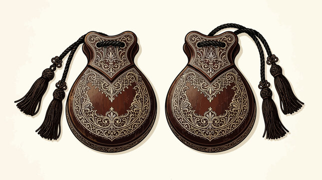Traditional ornate wooden castanets with tassels