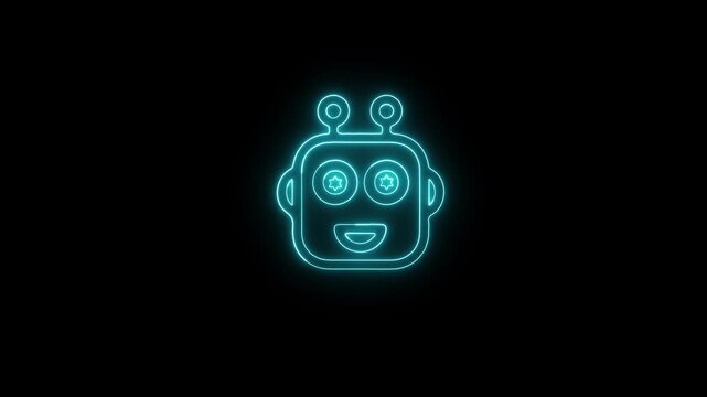 glowing neon blue Cute robot icon animation on black background, cartoon style robot avatar with head, blue eyes. ai agent provides robotic bot