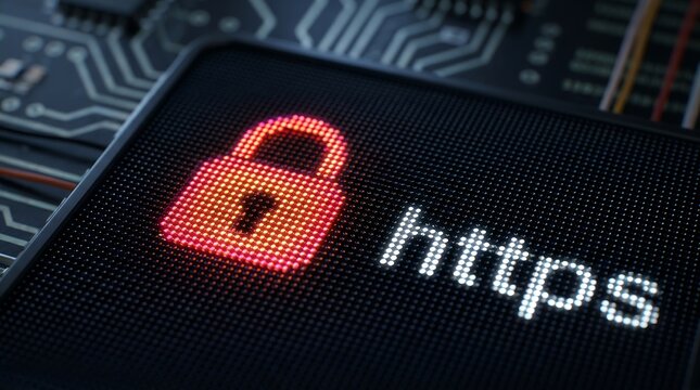Glowing Padlock and HTTPS Protocol on Computer Screen