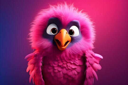 Pink fluffy bird character isolated on gradient background. Cute fantasy monster with feathers and big eyes. Animated style creature for children book illustration or game design.