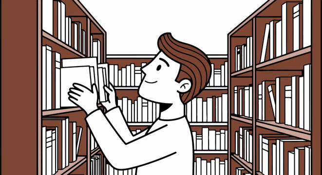 Person selecting a book from tall library shelves.