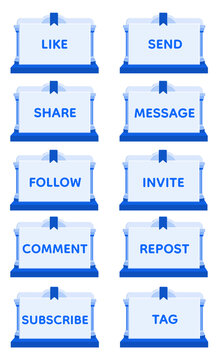 Blue Classic Building Style Social Media Button Collection with Transparent Background, 3D Luxury Ancient Architecture Inspired Communication UI Labels, Elegant Roman Pillar Interface Buttons 