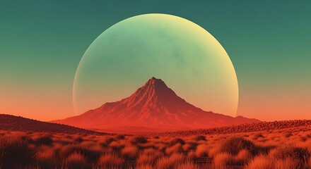 Naklejka premium Retro sci-fi alien planet landscape, cinematic desert mountain peak under a massive glowing moon, vintage futuristic space art aesthetic