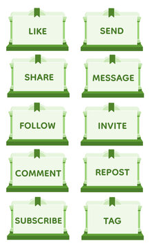 Green Classic Building Style Social Media Button Collection with Transparent Background, 3D Luxury Ancient Architecture Inspired Communication UI Labels, Elegant Roman Pillar Interface Buttons 