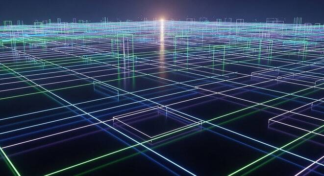 Abstract Digital Grid Network with Glowing Neon Lines and Data Flow