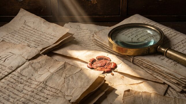 Antique manuscript papers illuminated by warm sunlight on wooden desk