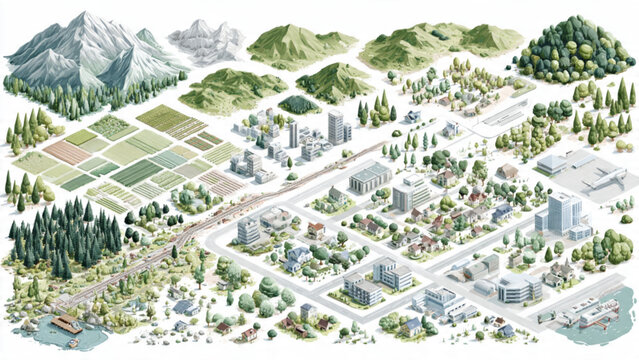 aerial view of urban cityscape with buildings parks and roads.