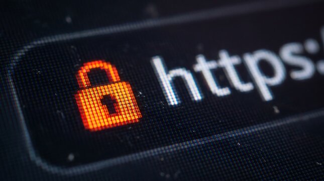 Glowing Padlock and HTTPS Protocol on Computer Screen