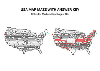 USA map maze puzzle activity with answer key, printable worksheet handout. Medium-hard difficulty, ages 10+  © TanTin