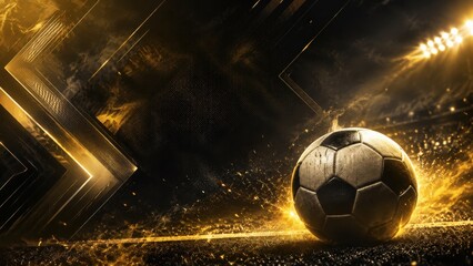 Fototapeta premium Soccer ball flying on dark grassy field at night