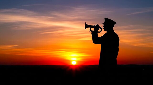 Silhouette of a military bugler playing taps during a sunset memorial service.