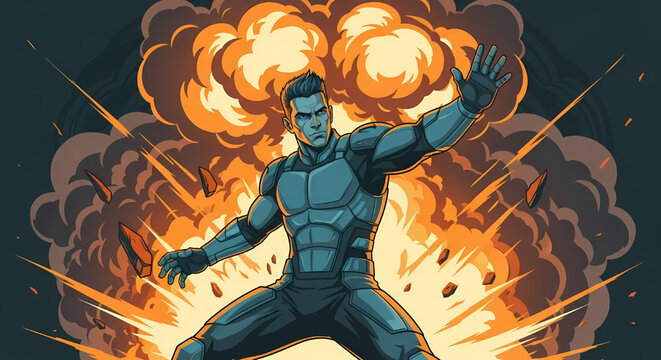 Action Hero Standing Before a Massive Explosion Illustration
