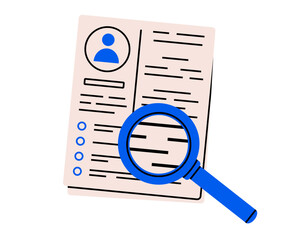 Hand drawn illustration vacancy resume with magnifying glass. Flat vector applicant cv with loupe doodle. Search for candidate icon. Human resource. Isolated. © Esgoty