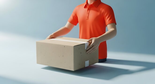 Man in orange shirt holding cardboard.