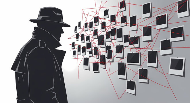 Silhouette of a detective examining a mystery evidence board with connection lines