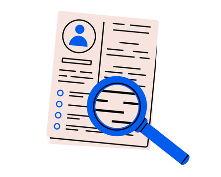 Hand drawn illustration vacancy resume with magnifying glass. Flat vector applicant cv with loupe doodle. Search for candidate icon. Human resource. Isolated.