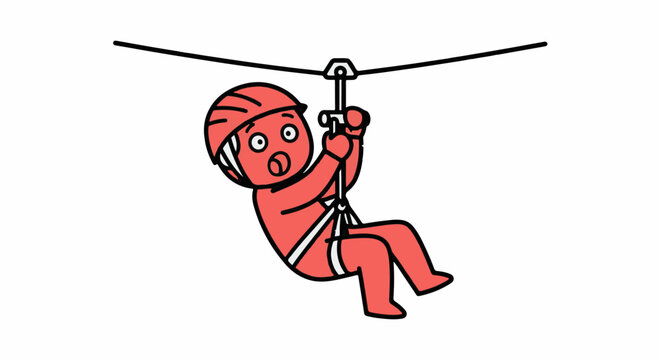 Illustrated character enjoying thrilling zip line adventure ride.