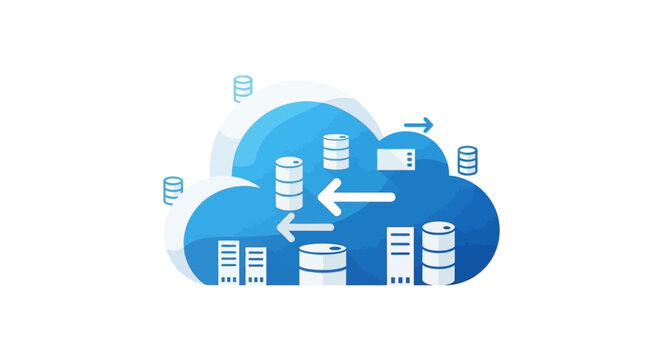 Cloud computing illustration with database servers syncing data seamlessly online