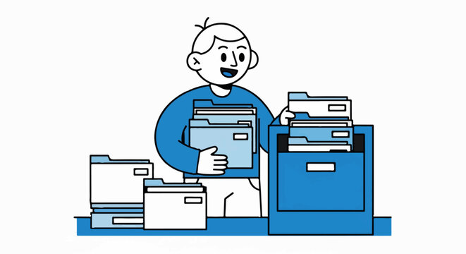 Happy cartoon character organizing office file boxes efficiently.