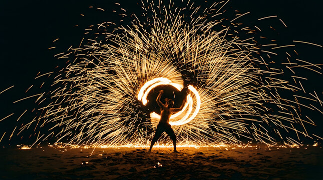 Fire Dancer's Spectacle: A skilled performer creates a mesmerizing display of light and motion, spinning a flaming prop to generate a dazzling halo of sparks against the dark night sky.