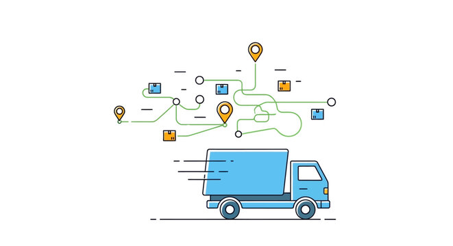 A blue truck drives through a network of delivery routes and locations marked on a map.