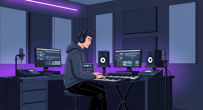 Young music producer creating tracks in a professional home recording studio