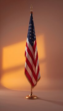 Generative AI creates an American flag standing upright illuminated by warm light
