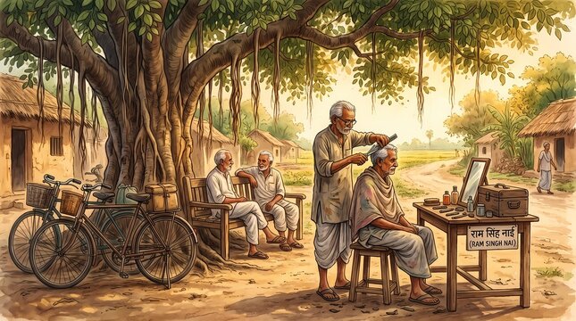 A traditional village barber cutting a man's hair under a large banyan tree with vintage tools on a wooden table.