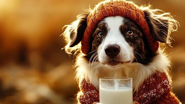 Dog wearing hat enjoys milk in nature. A dog in a knit hat drinks milk while sitting in a field during autumn. The sun shines and creates a warm scene.