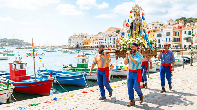 Fishermen carrying Virgin del Carmen statue on waterfront with boats  