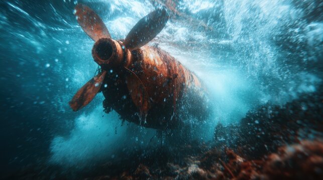An old rusty propeller lies submerged in the ocean, surrounded by swirling water and bubbles, reflecting nature's beauty and the passage of time beneath the waves.
