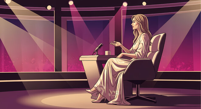 Elegant woman hosting a television talk show on stage with studio lighting