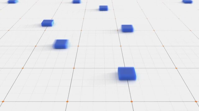 Square objects in blue move randomly coordinated on a data grid, scientific simulations of transport, logistics or traffic. Technology, industrial, research, analysis, time management, ideas, concept.