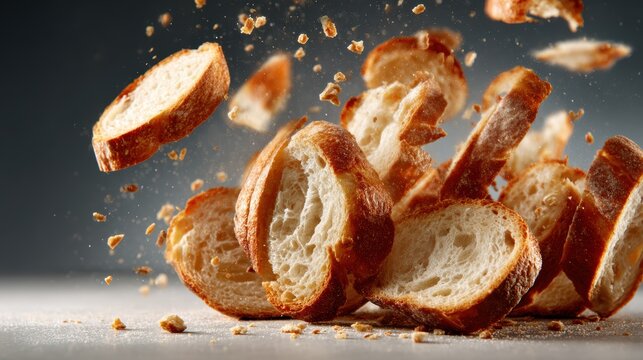 Bread slices are captured in a dramatic explosion as they break apart mid-air, showcasing the texture and crumbliness in a visually striking and dynamic food photography shot.
