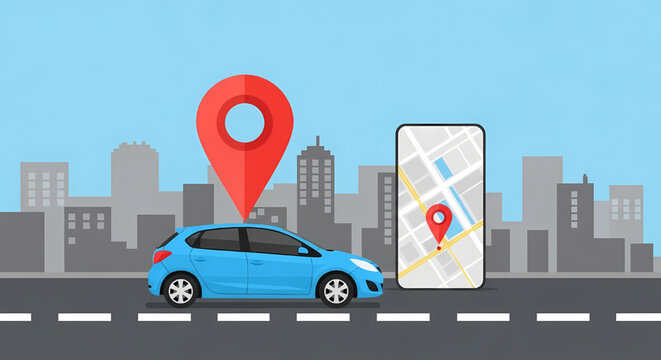 Blue sedan car with location pin and smartphone navigation map icon