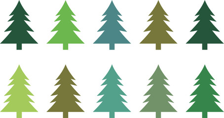 Obraz premium Collection of colorful tree silhouettes in various green hues on white background