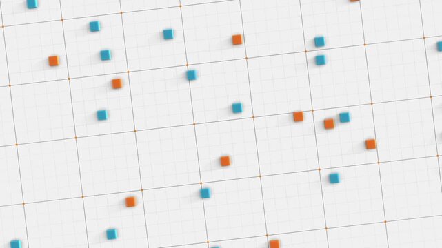 Square objects move in randomly coordinated on a data grid, scientific simulations of transport, logistics or traffic. Technology, industrial, research, analysis, time management, ideas, concept.