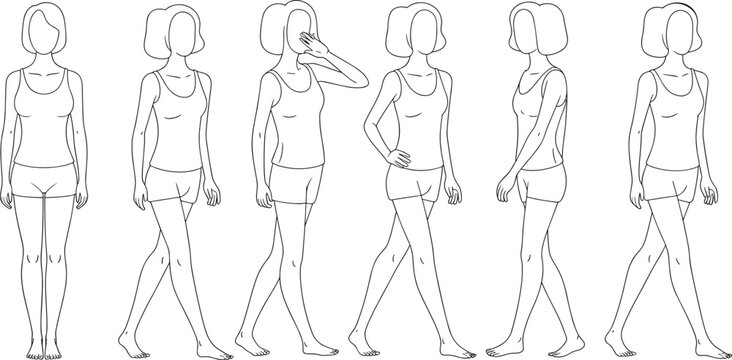 Female walking poses, standing posture, anatomy reference, character design flat vector