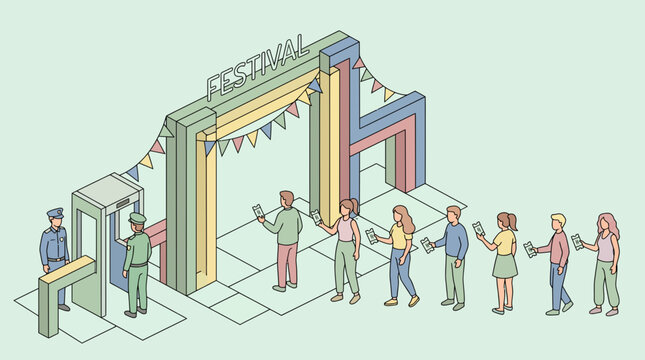 Isometric Vector People Queuing at Festival Entrance Gate
